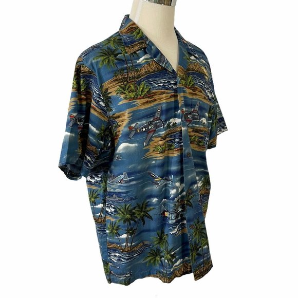 RJC Size XL Hawaiian Shirt Made USA Hawaii Planes Airplane Mountains Palm Trees - Picture 1 of 10